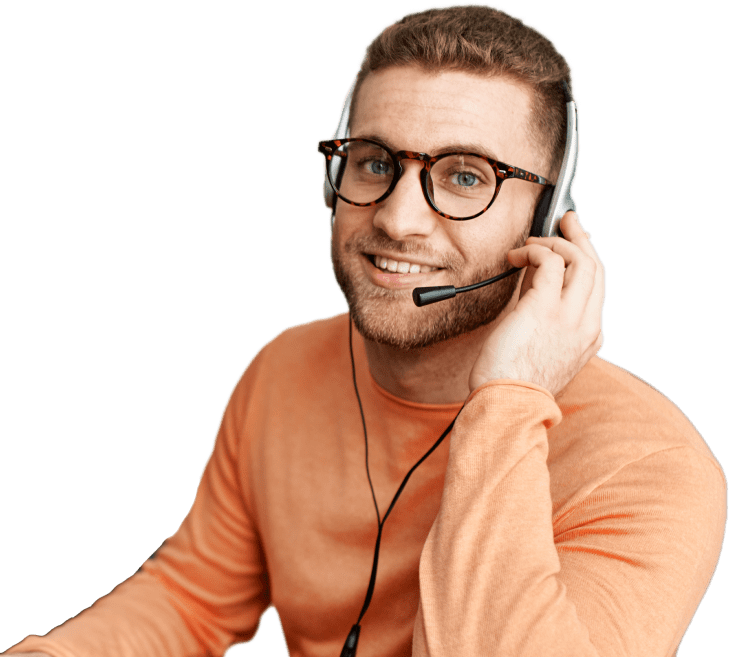 A smiling virtual receptionist wearing headphones