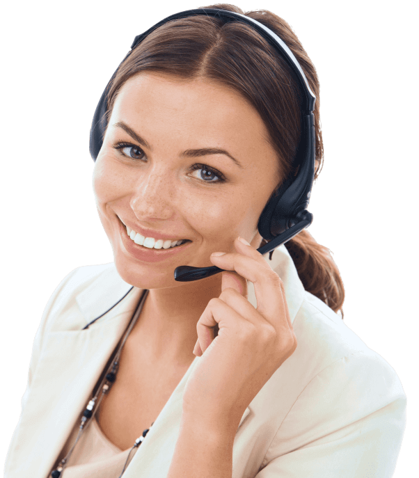 a smiling virtual receptionist wearing headphones