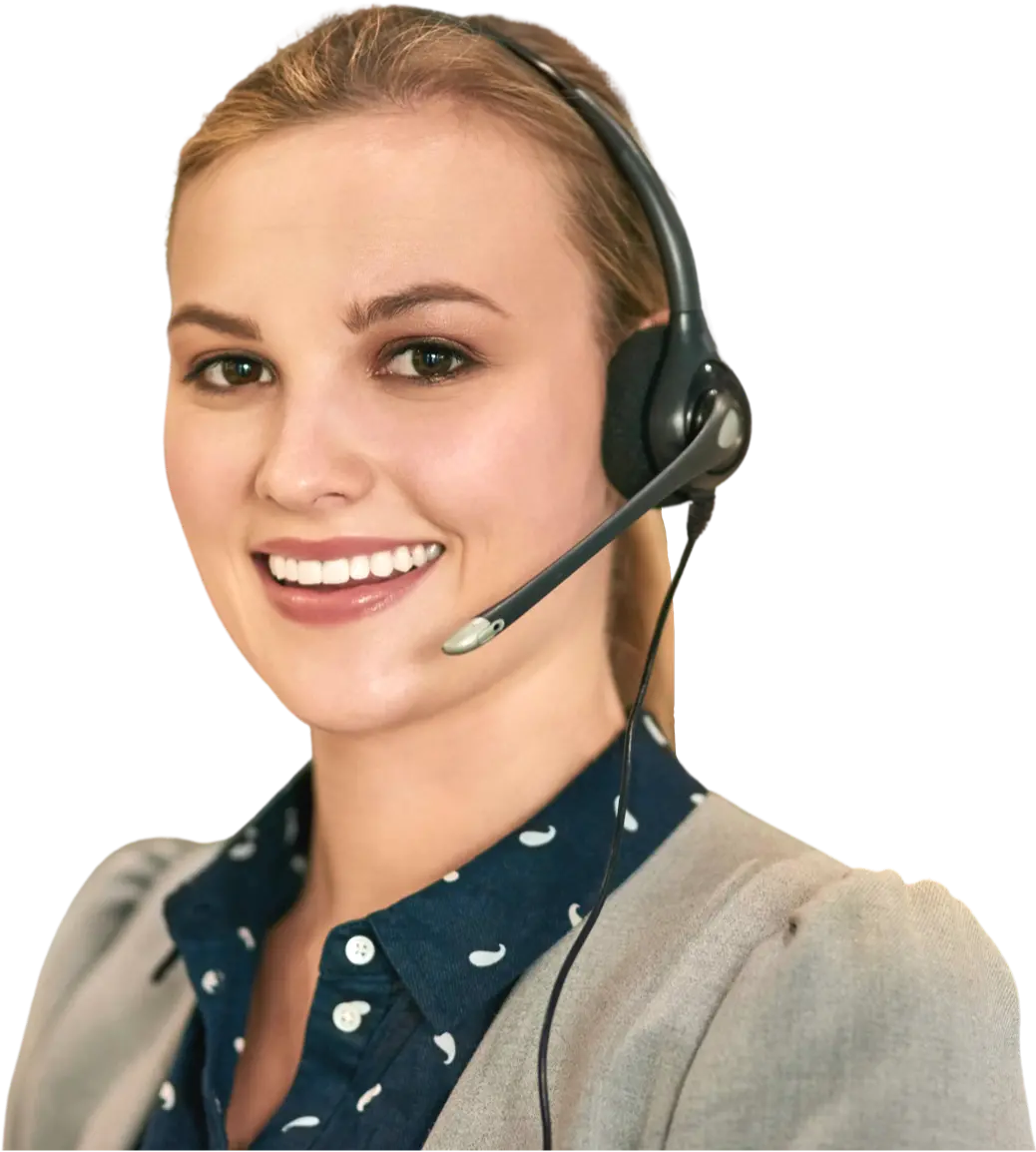 a woman in headphones smiling at the camera
