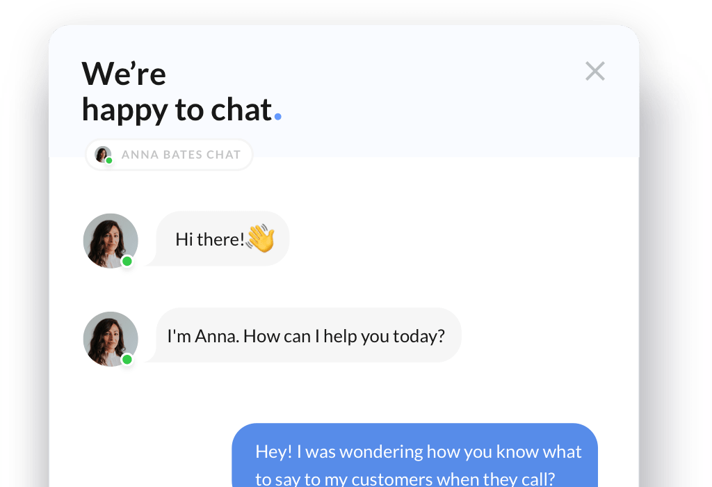 Chat widget window showing a conversation between a website visitor and a business representative