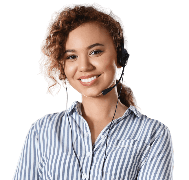 a smiling virtual receptionist wearing headphones