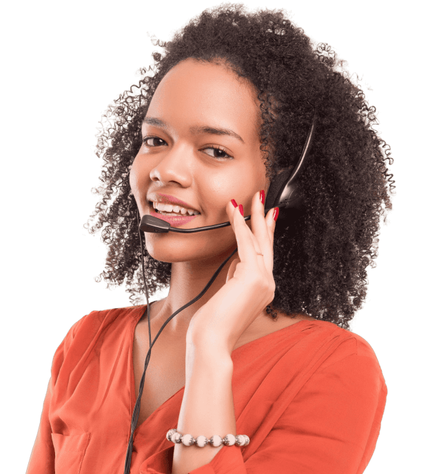 curly haired women with red top wearing headset