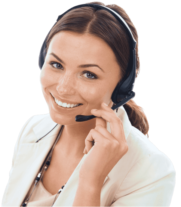 a smiling virtual receptionist wearing headphones